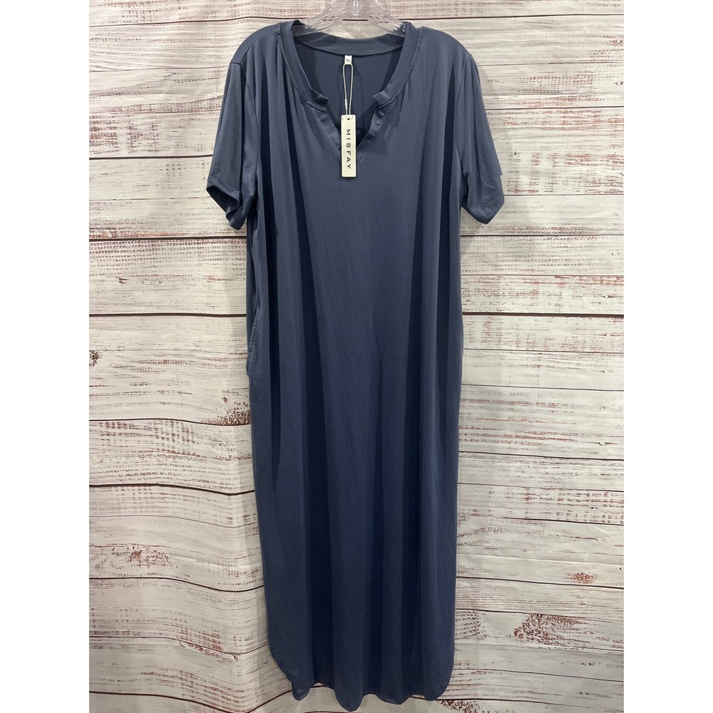 MISFAY Women 2XL Slate Blue Short Sleeve Maxi Dress V-Neck Pocket Loungewear NEW